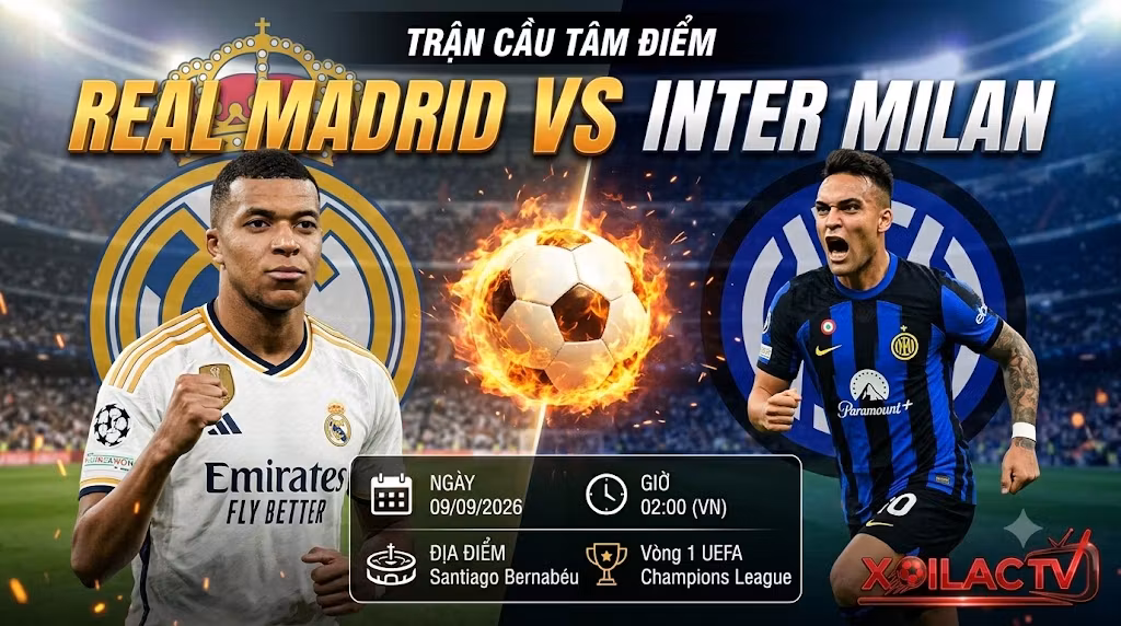 Ảnh bìa nhận định, soi kèo trực tiếp bóng đá Real Madrid vs Inter Milan vòng 1 Champions League cùng chuyên gia Xoilac TV.