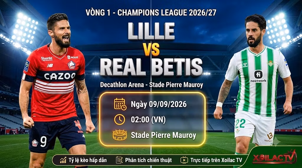 Nhận định, soi kèo Lille vs Real Betis (02h00, 09/09/2026) tại vòng 1 Champions League - Xem trực tiếp tốc độ cao trên Xoilac TV.